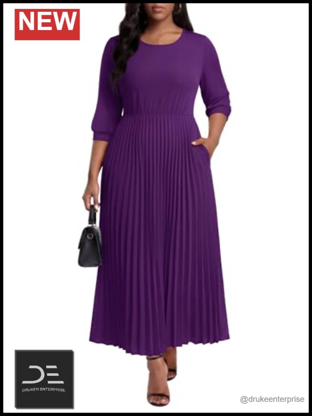 Pleated Maxi Dress A-Line 3/4 Puff Sleeve Pockets Casual